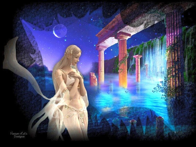 Fantasy woman by a waterfall