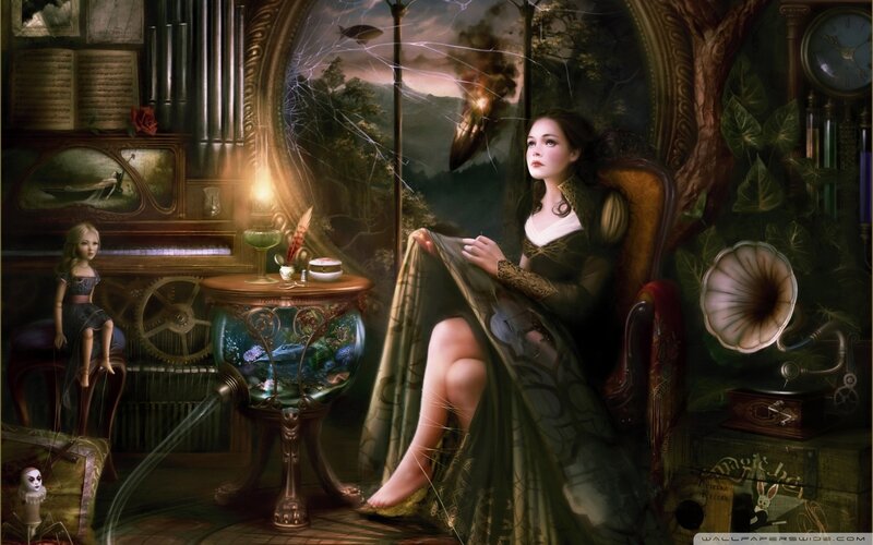 Fantasy woman in a steampunk room