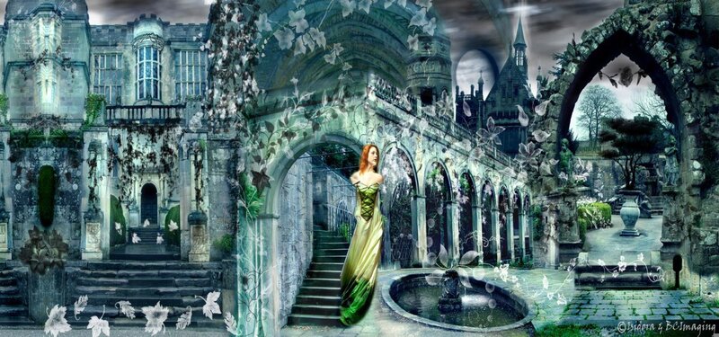Fantasy woman in castle courtyard