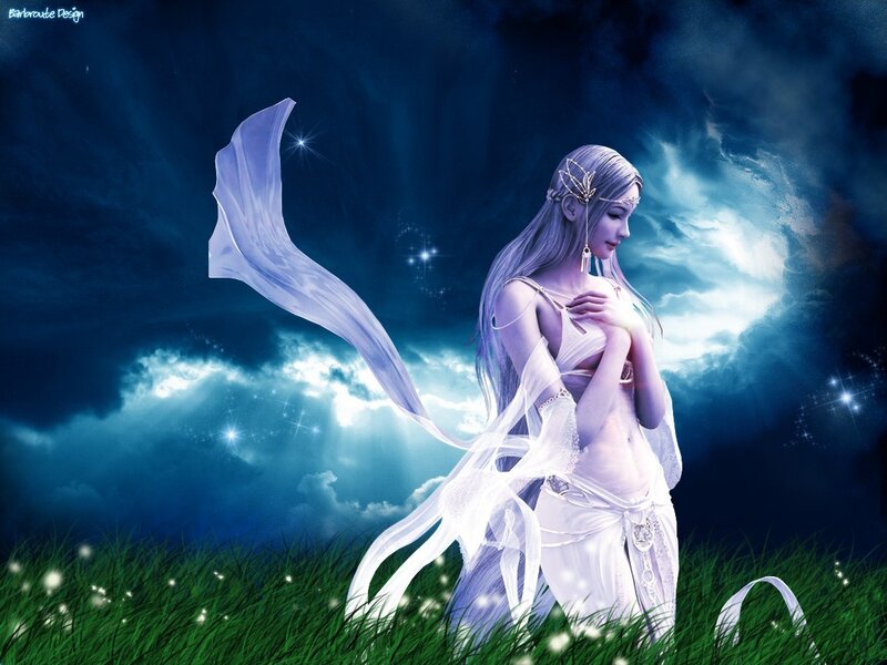 Fantasy woman in moonlit field