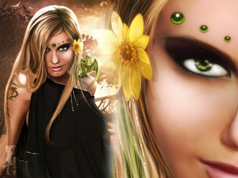 Fantasy woman with dragon and flower