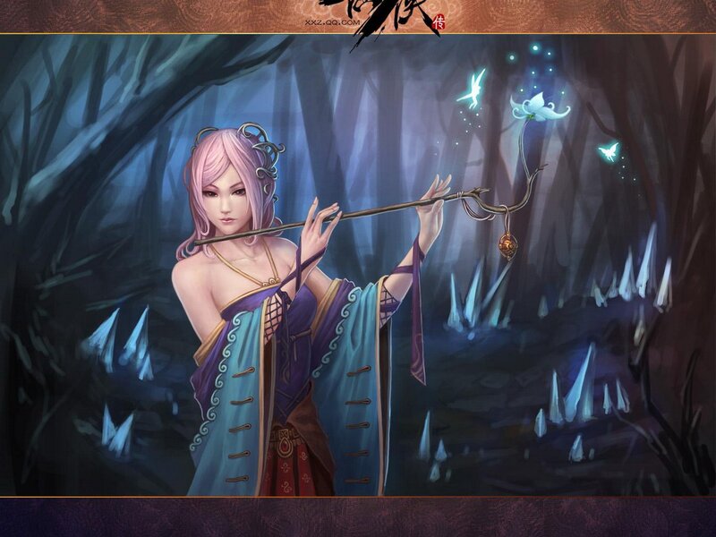 Fantasy woman with flute in forest