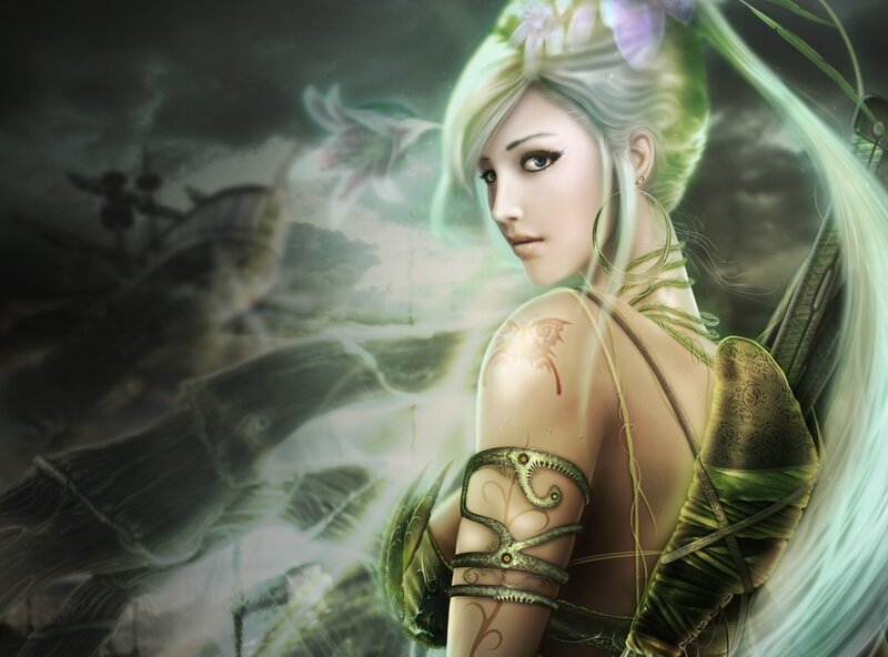 fantasy woman with green hair