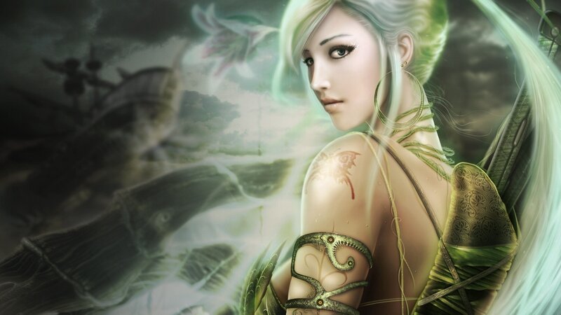 fantasy woman with green hair