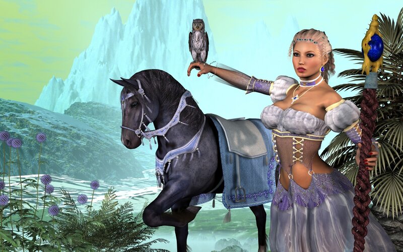 fantasy woman with horse and owl