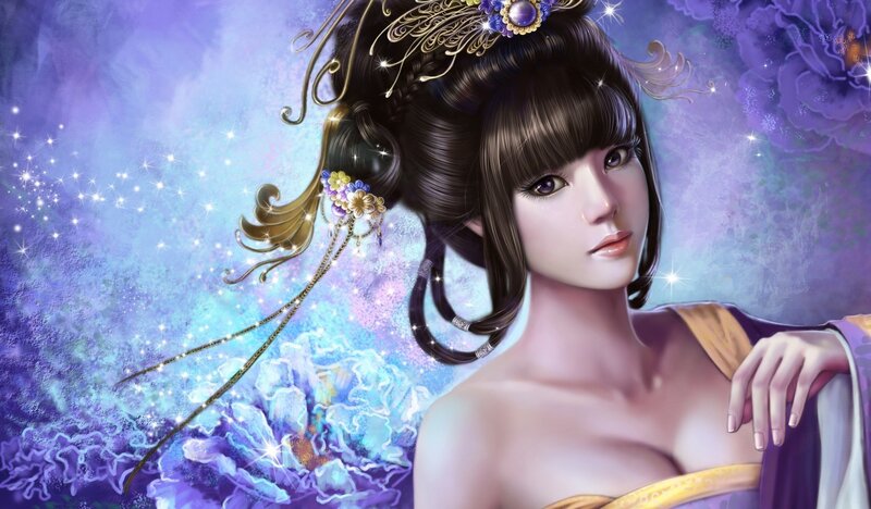 Fantasy woman with purple flowers
