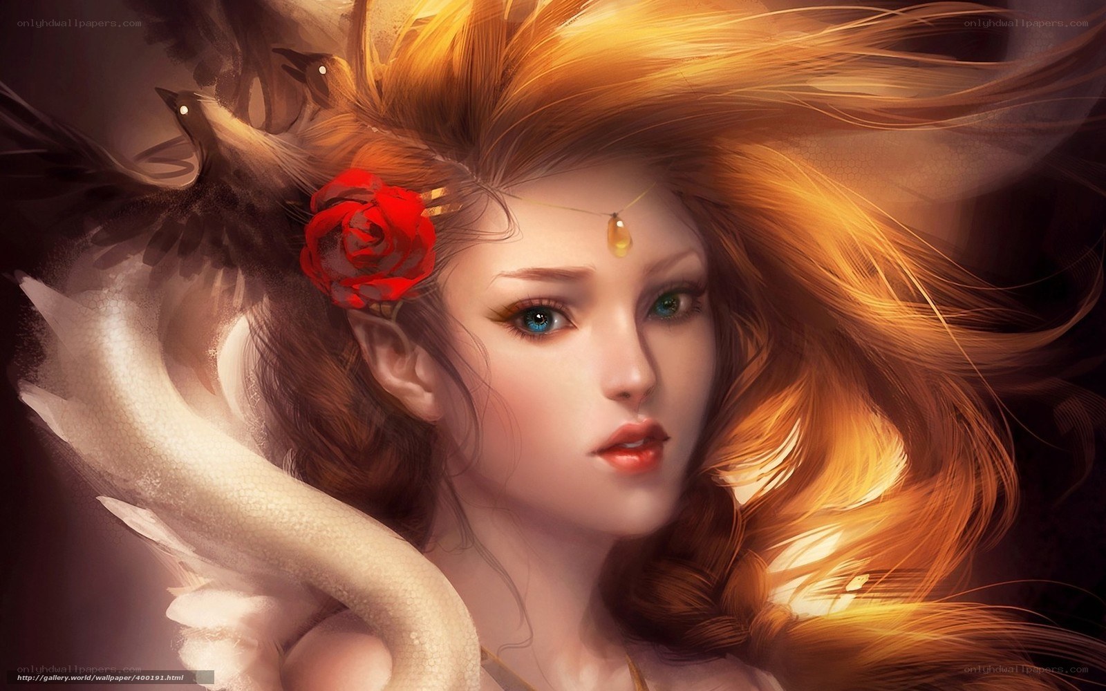 Fantasy woman with rose and bird