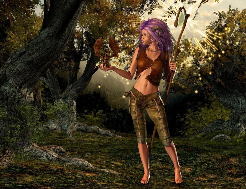 Fantasy woman with staff and dragon