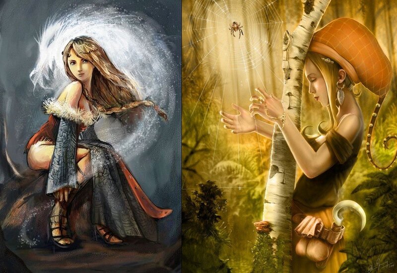 Fantasy women in magical scenes