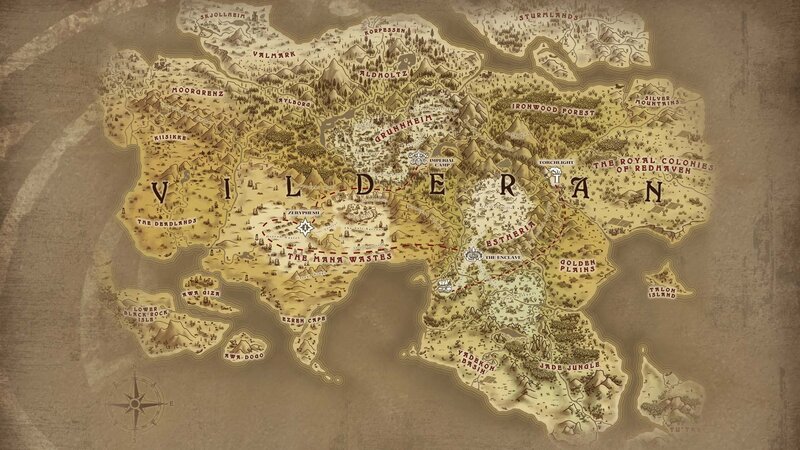 Fantasy World Map — Brown, Ancient, Illustration, Compass Rose, Mountains, Rivers