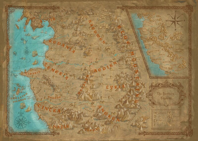 Fantasy World Map — Brown, Ancient, Illustration, Compass Rose, Mountains