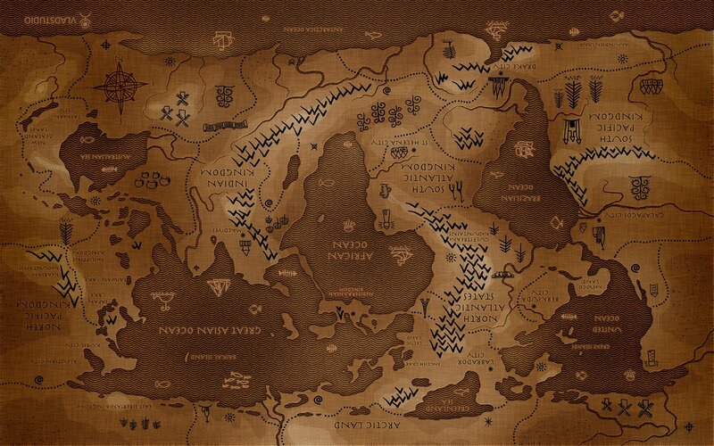 Fantasy World Map — Brown, Ancient, Illustration, Compass