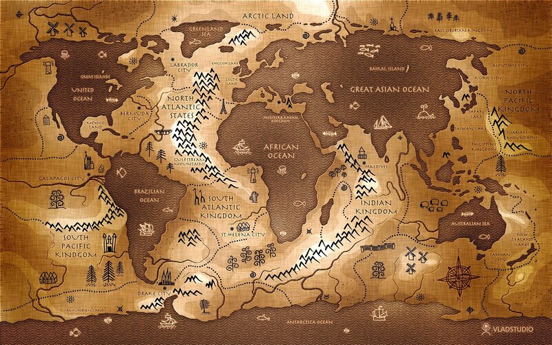 Fantasy World Map — Brown, Ancient, Illustration, Landmasses