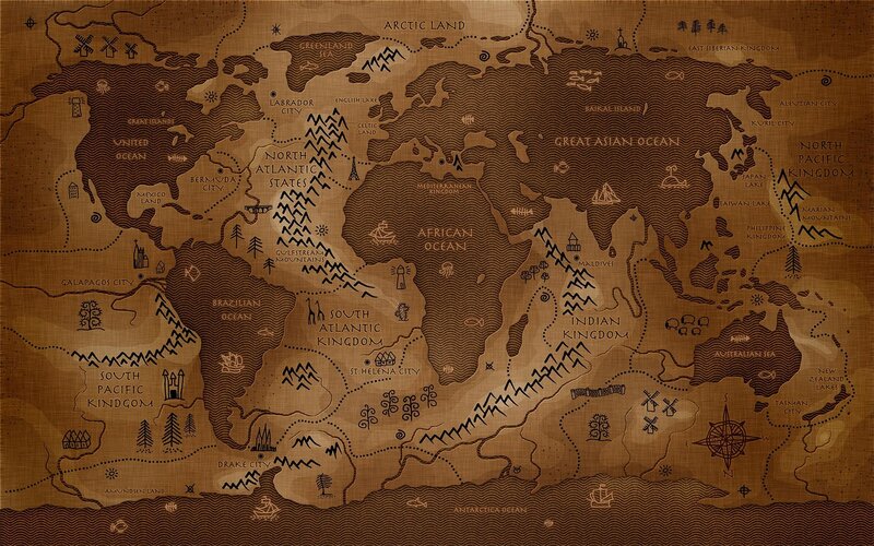 Fantasy World Map — Brown, Ancient, Illustration, Ocean, Continent, Compass
