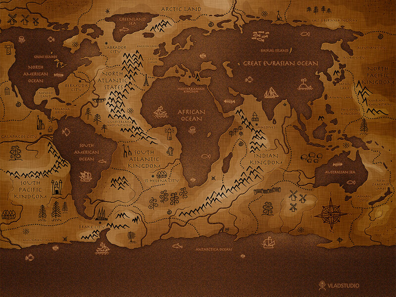 Fantasy World Map — Brown, Ancient, Illustration, Ocean, Continent, Mountain, Tan