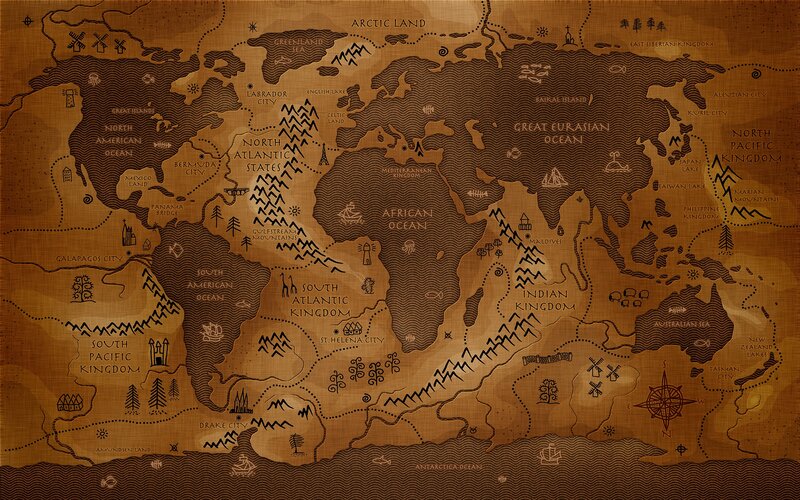 Fantasy World Map — Brown, Ancient, Illustration, Ocean, Continent, Mountain