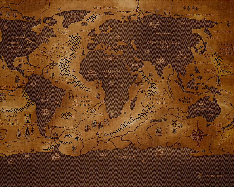 Fantasy World Map — Brown, Ancient, Illustration, Ocean, Continent, Ship