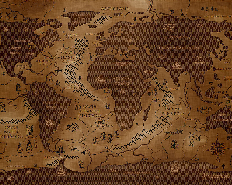 Fantasy World Map — Brown, Ancient, Illustration, Ocean, Mountains, Cities