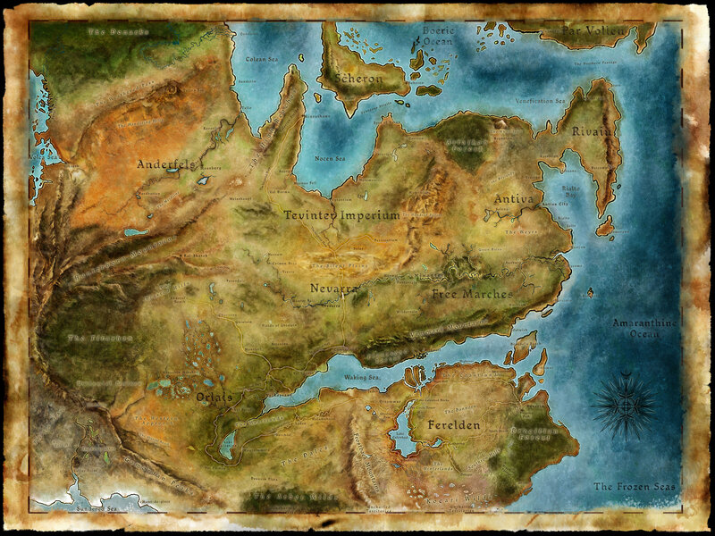 Fantasy World Map — Brown, Ancient, Illustration, Ocean, Mountains, Rivers