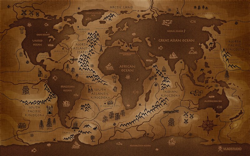 Fantasy World Map — Brown, Ancient, Illustration, Ocean, Mountains