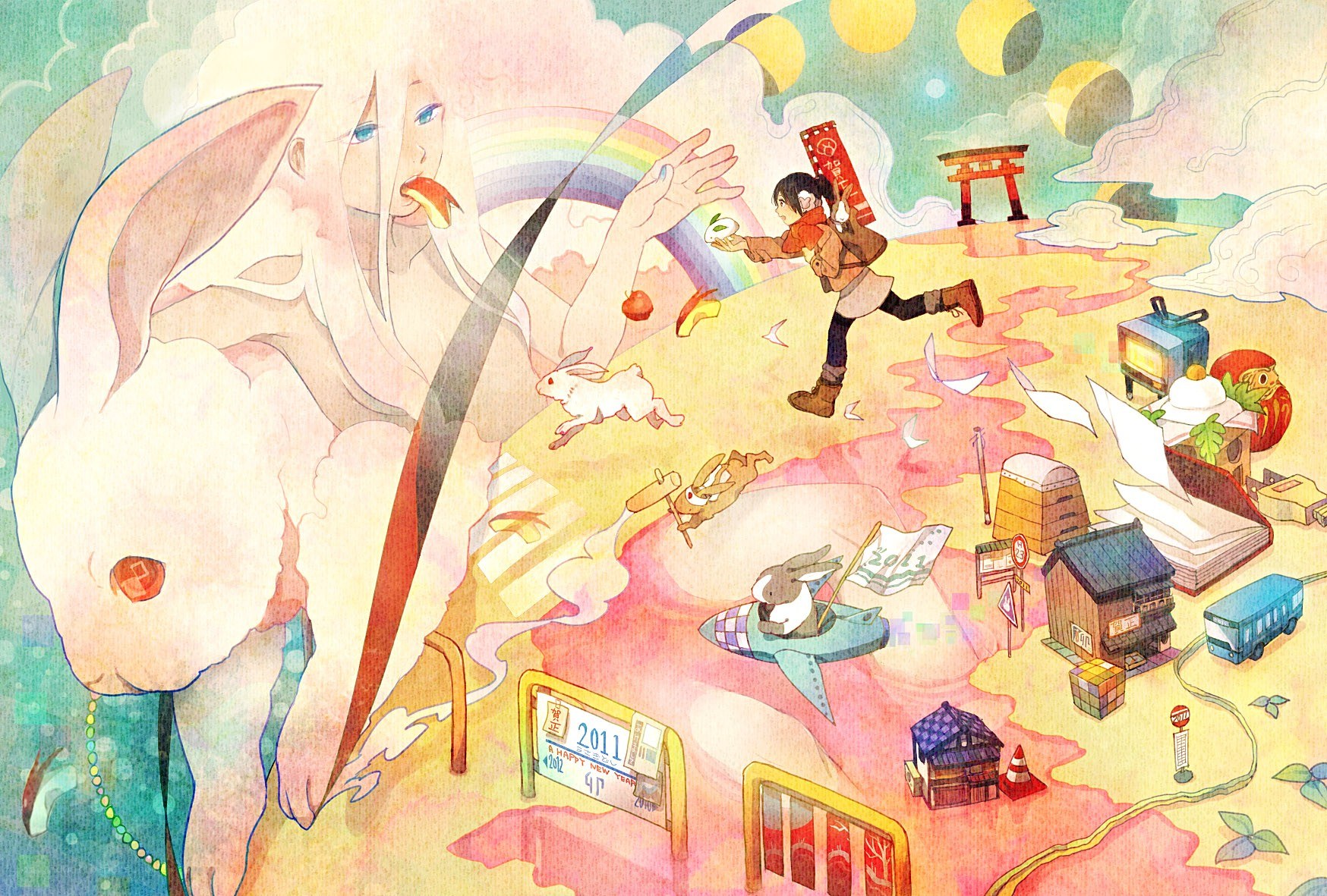 fantasy world with rabbits and child