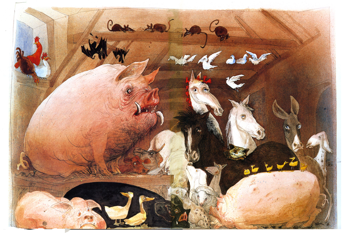 Farm animals in a barn