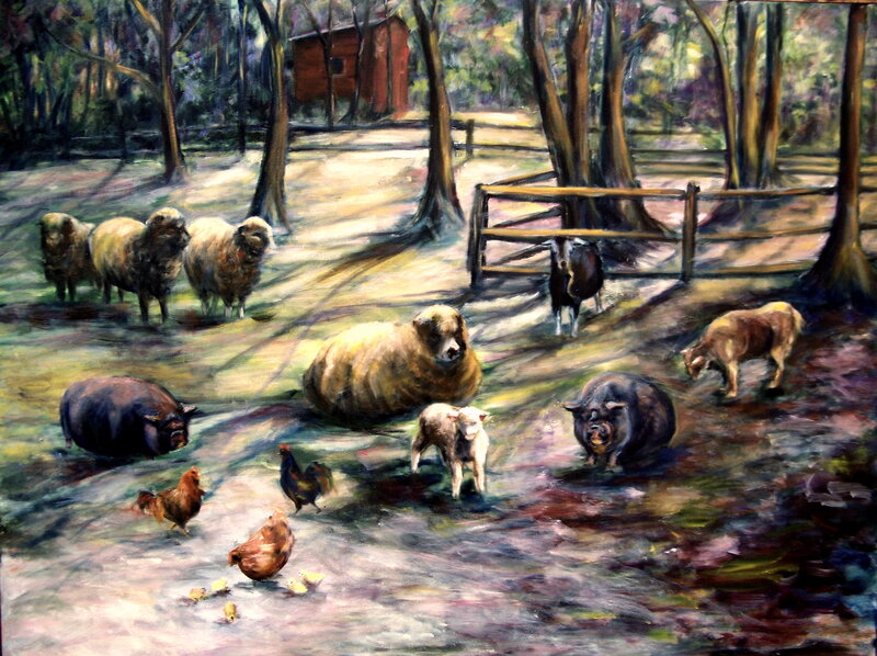 Farm animals in a wooded area