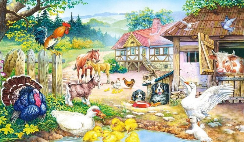 Farm Animals in Yard — Green, Peaceful