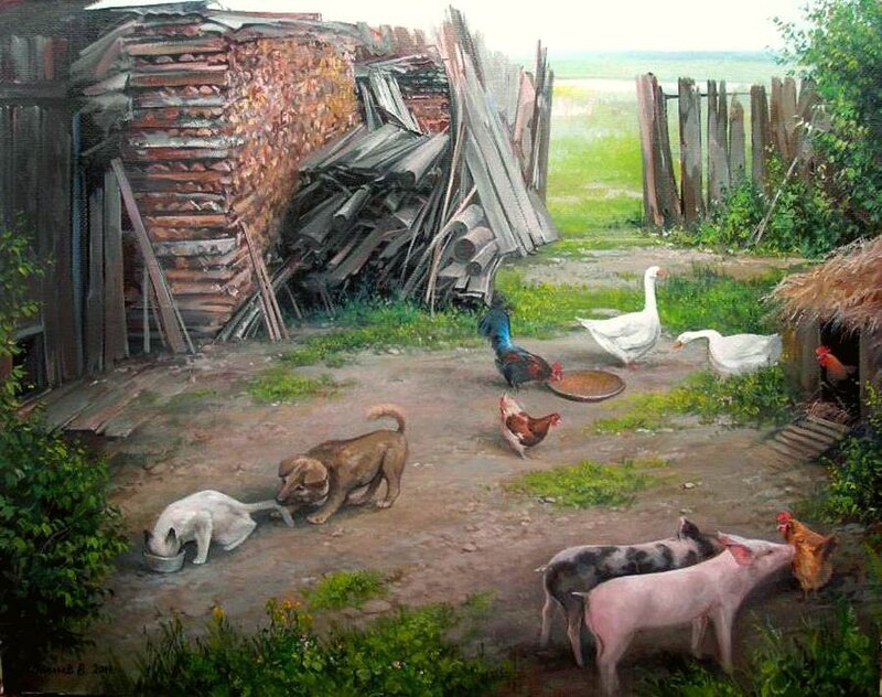 Farm Animals in Yard — Green