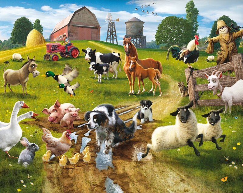 Farm Animals on a Hill — Green