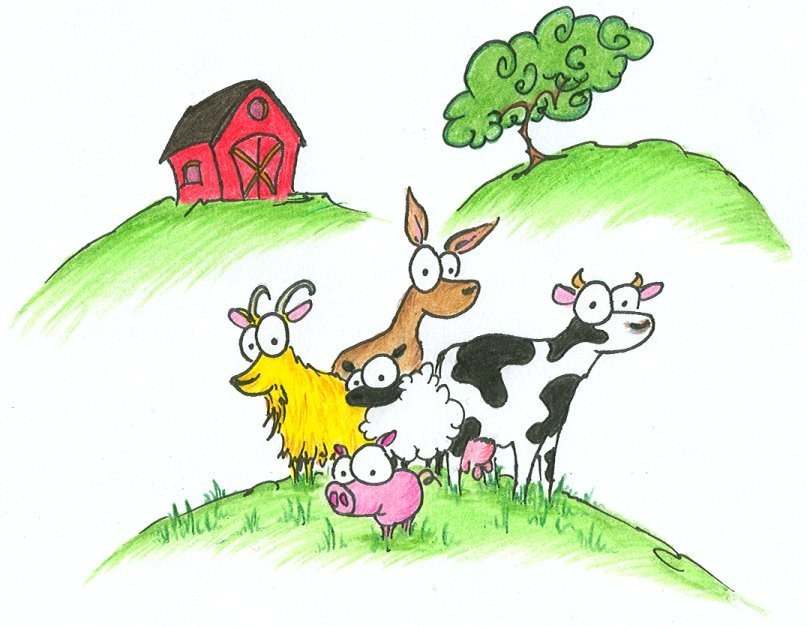farm animals on a hill