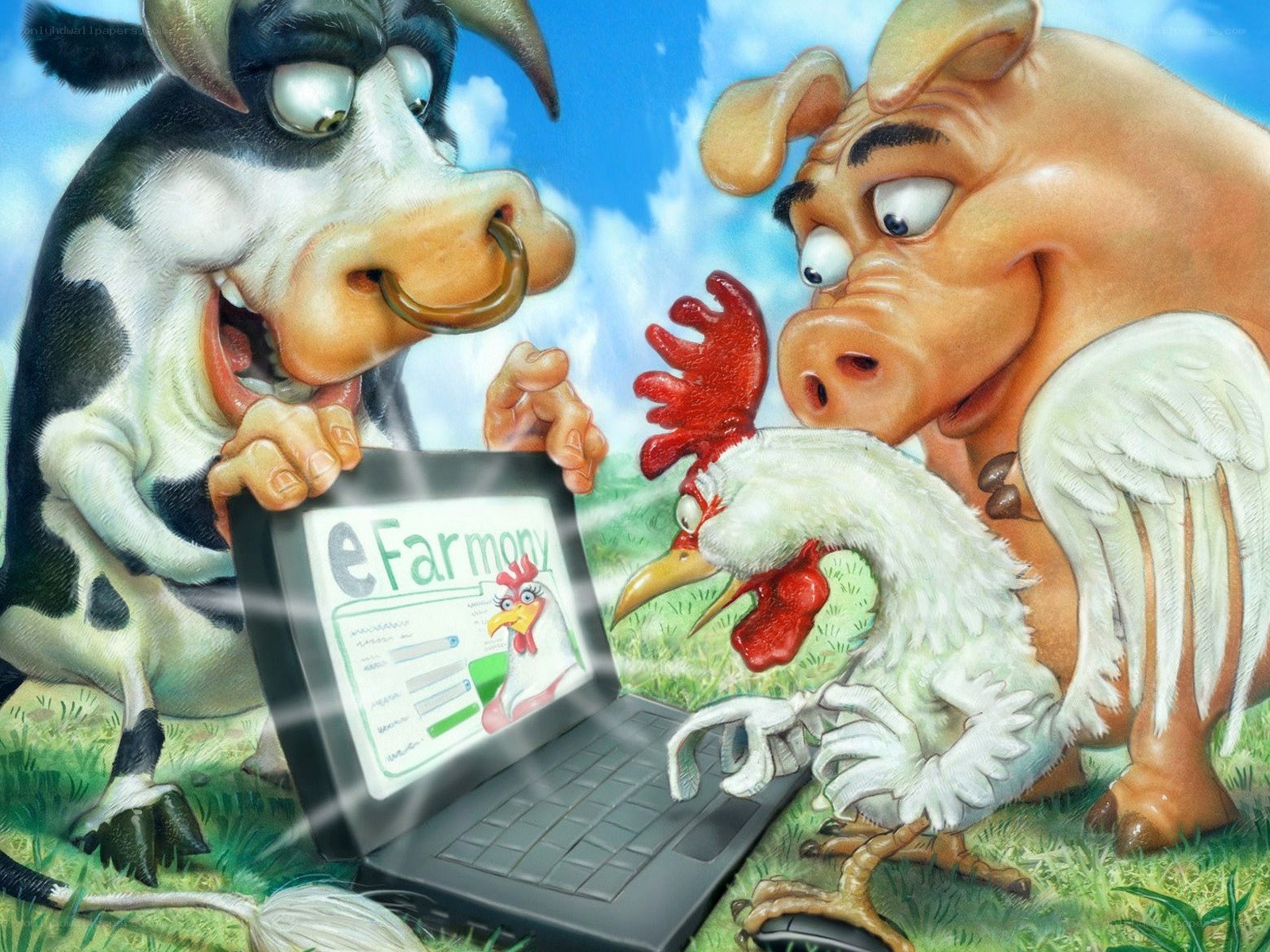 Farm animals using laptop