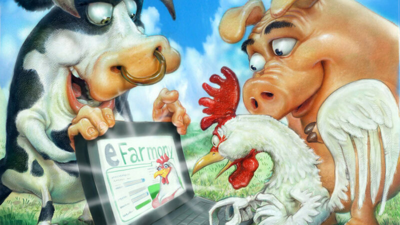 Farm Animals Using Laptop — Blue