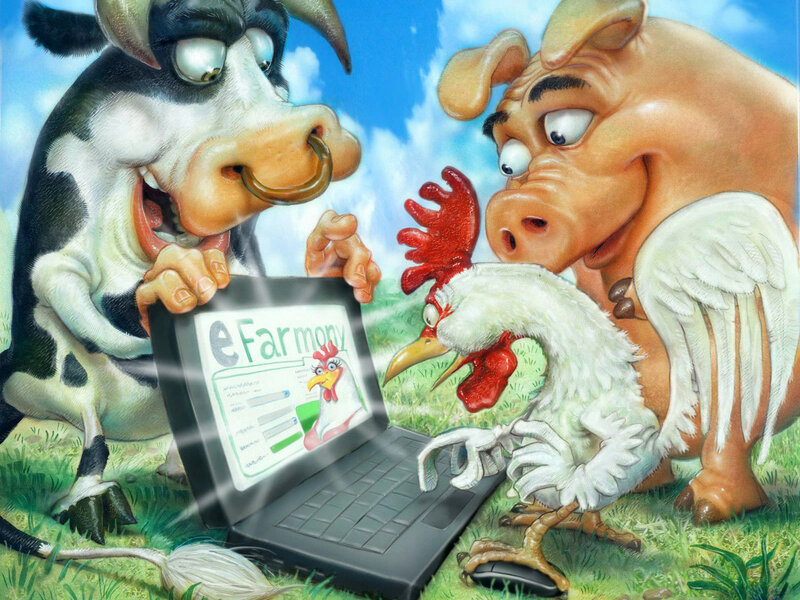Farm Animals Using Laptop — Green, Humorous, Afternoon