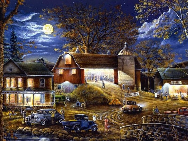 Farm at Night — Blue