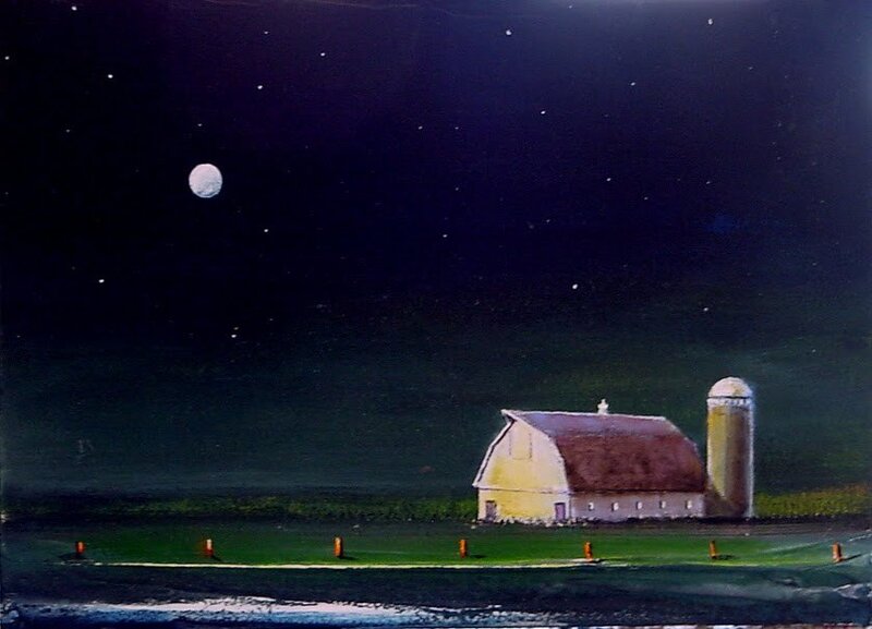 Farm at night under moonlight