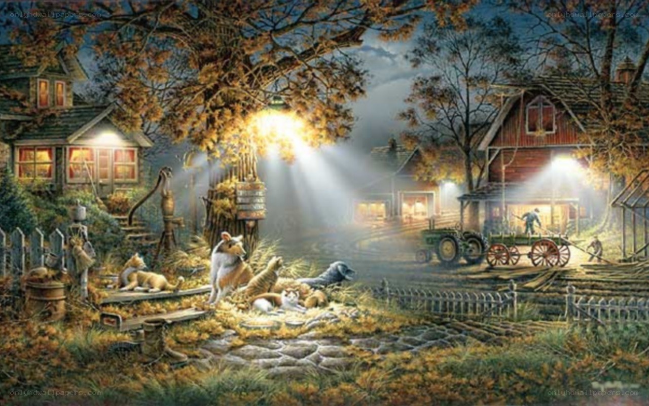 Farm at night with animals