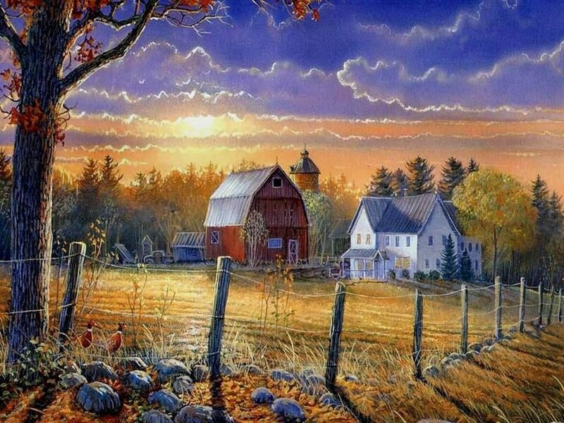 Farm at Sunset — Blue, Serene