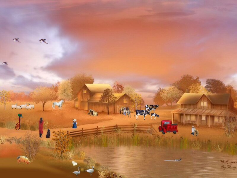 Farm at Sunset — Orange, Serene, Digital Art