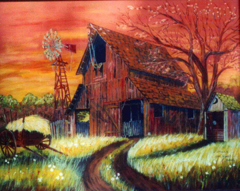 Farm at sunset painting