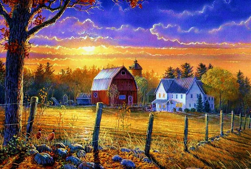Farm at Sunset — Purple, Serene