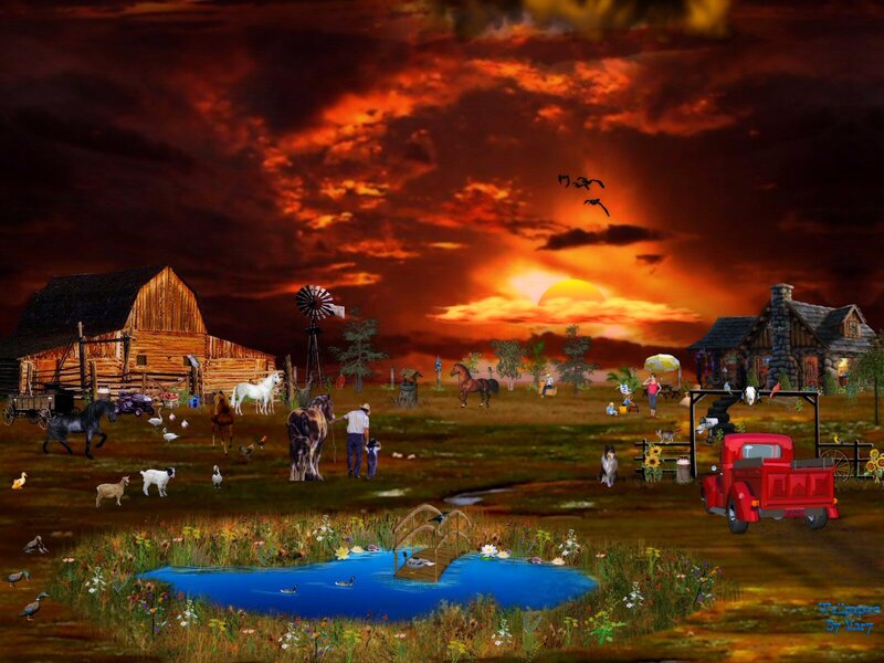 Farm at Sunset — Red