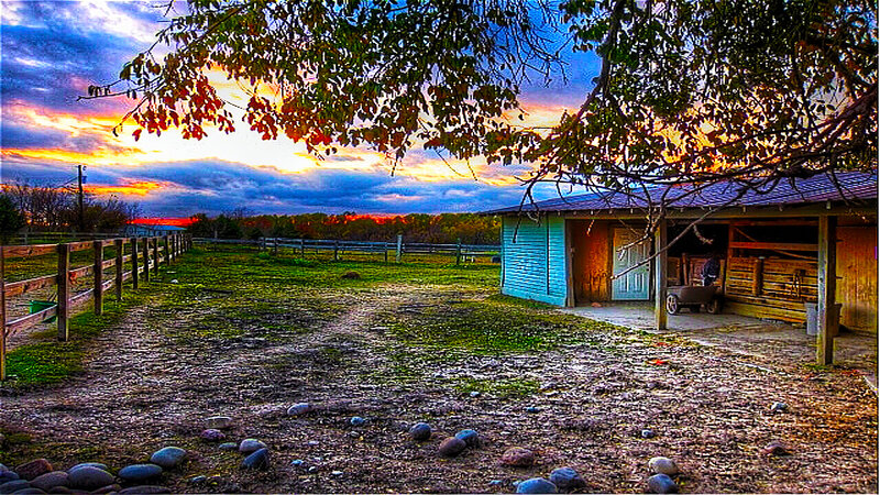 Farm at sunset with barn