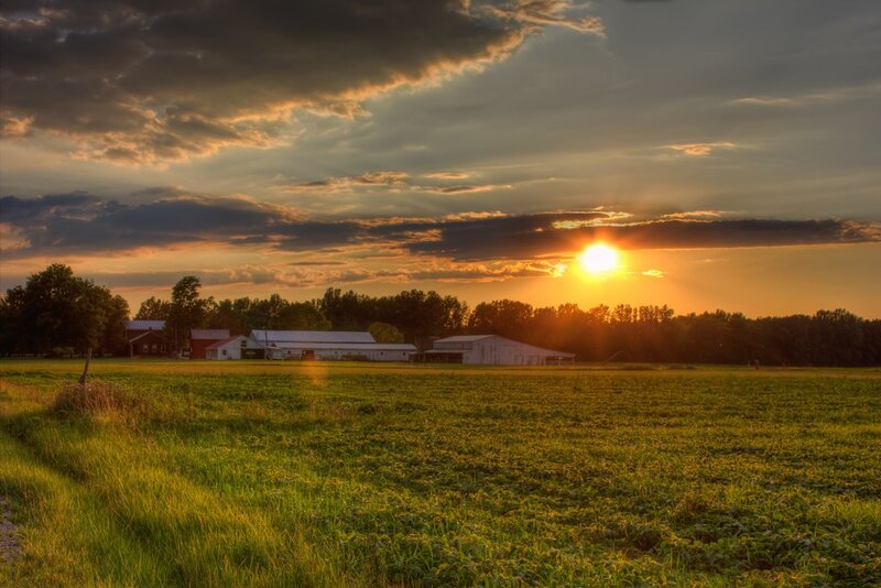 Farm at sunset with golden sky