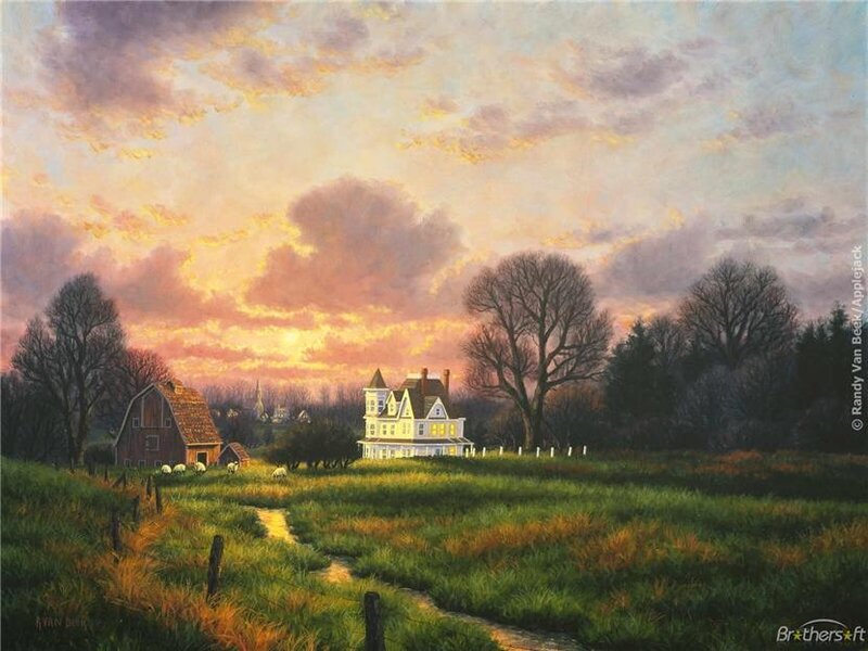 Farm at sunset with house and barn