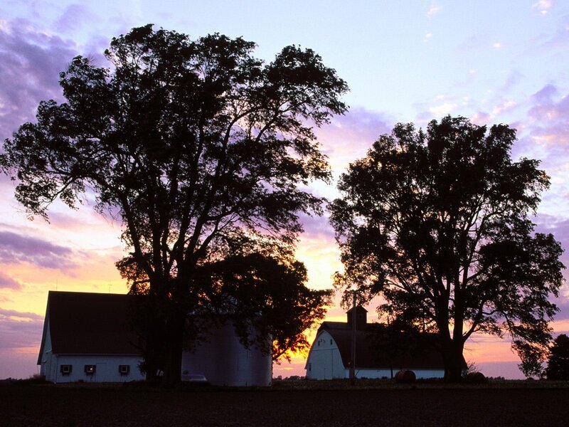 Farm at sunset with silos