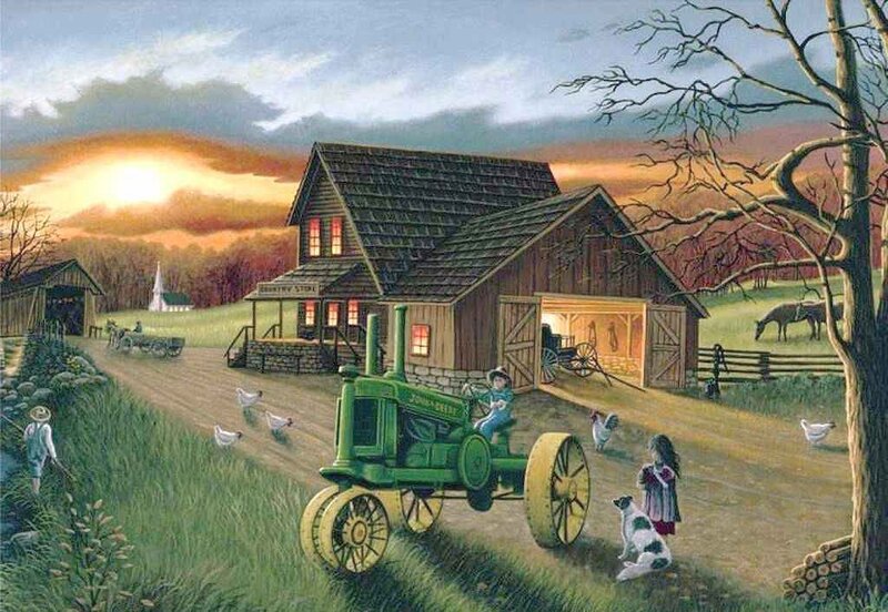 Farm at sunset with tractor