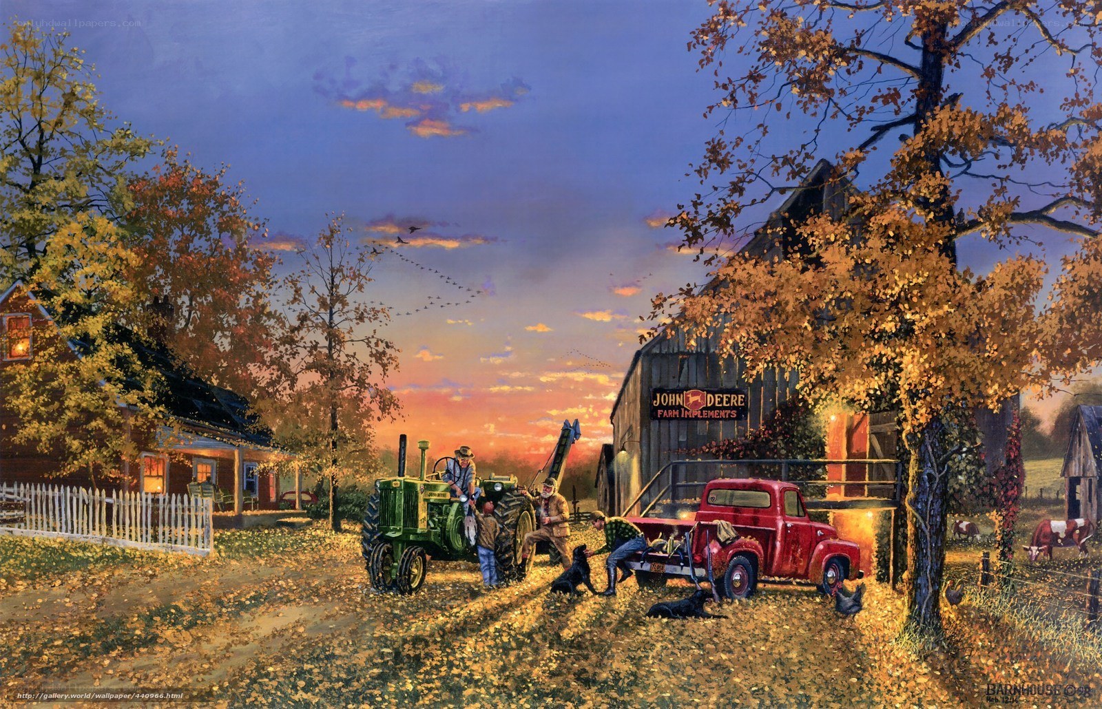 Farm at sunset with tractor