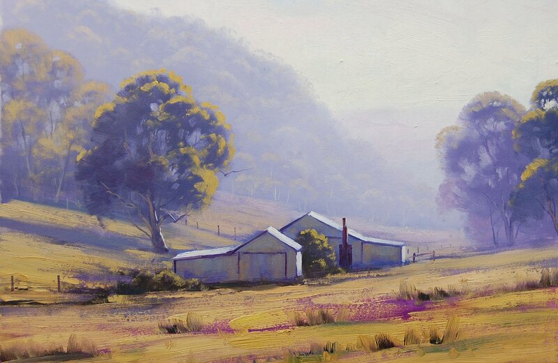 Farm Buildings in Field — Yellow