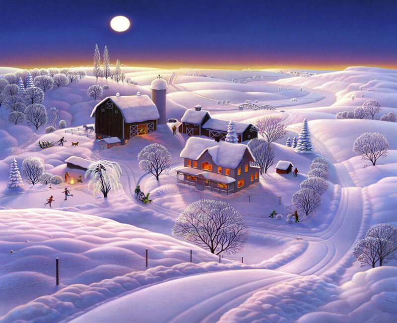 Farm in Winter Landscape — White, Serene